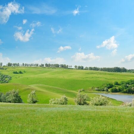 picturesque green field and blue skyの写真素材