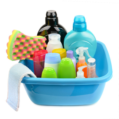 Basin and a bottle of shampoo and soap isolated on white backgroundの写真素材
