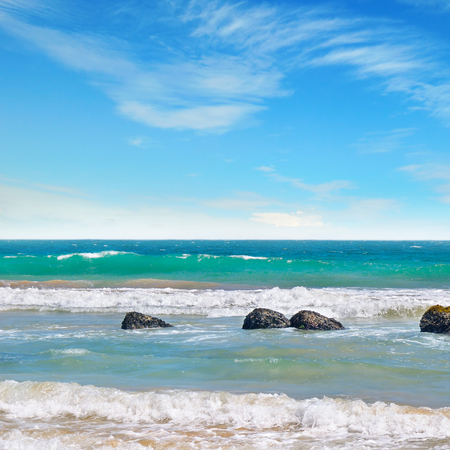 ocean, picturesque beach and blue skyの写真素材