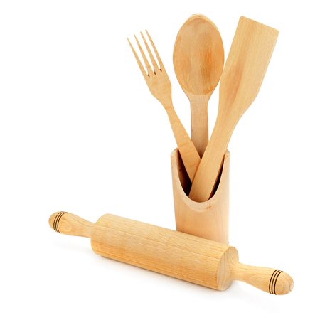 Wooden cooking utensils isolated on a white backgroundの写真素材