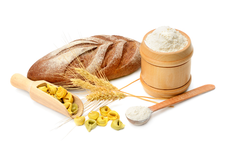 bread and flour products isolated on white backgroundの写真素材