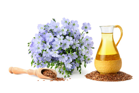 seeds, flax oil and flowers isolated on white backgroundの写真素材