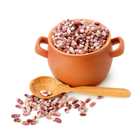 beans in a ceramic pot isolated on white backgroundの写真素材