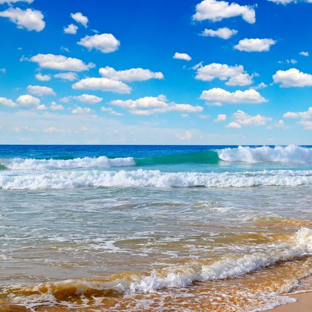 ocean, picturesque beach and blue skyの写真素材