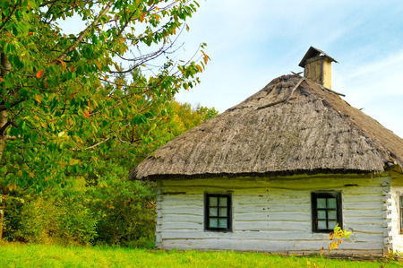 old farmhouse with a thatched roofの写真素材