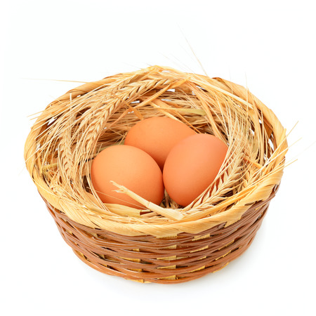 Chicken eggs in basket isolated on white backgroundの写真素材