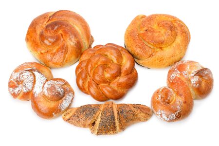 croissant and sweet rolls isolated on white backgroundの写真素材