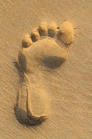 imprint of human feet on sandy beachの写真素材
