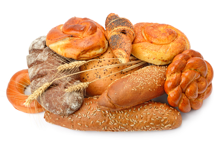 bread and bakery products isolated on white backgroundの写真素材