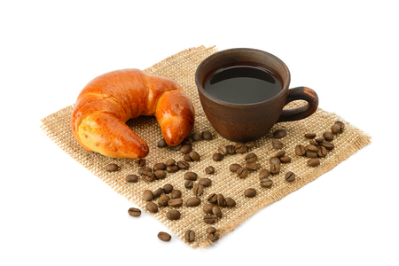 croissant and coffee isolated on white backgroundの写真素材