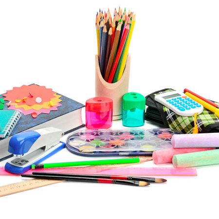 Collection of school supplies, isolated on pure white background.の写真素材
