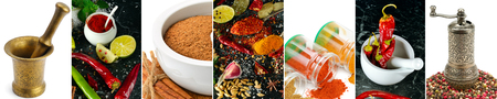Panoramic collage from a set of spices. Wide photo.の写真素材