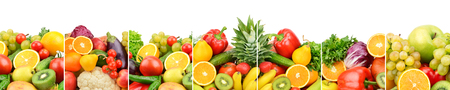 Panoramic collection fresh fruits and vegetables isolated on white background. Wide photo with free space for text.の写真素材