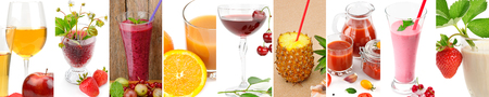 Panoramic collection fresh juice from fruit and vegetables in the glass isolated on white background. Collage.Wide photo. Collage.Wide photo.の写真素材