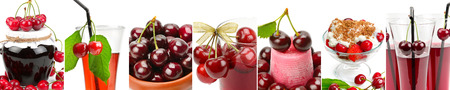 Juicy cherries,, juice and jam isolated on white background. Panoramic collage. Wide photo .の写真素材