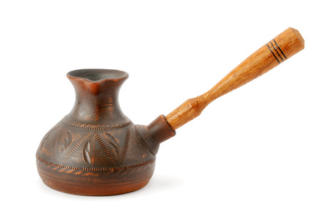 A turkish coffeepot isolated on white background, ceramic pot for coffee.の写真素材