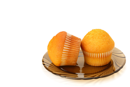Chocolate cupcakes isolated on white background. Free space for text.の写真素材