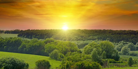 Green fields and a bright sunrise over the horizon. The hills are covered with trees and shrubs. Wide photo. Agricultural landscape.の写真素材