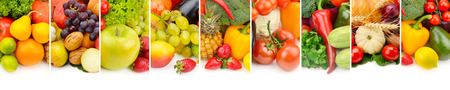 Collection fresh fruits and vegetables isolated on white background. Panoramic collage. Wide photo with free space for text.の写真素材