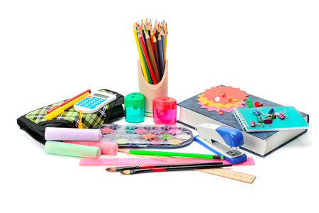 Collection of school supplies, isolated on pure white background.の写真素材