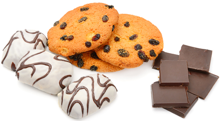 Cookies and chocolate isolated on white background. Wide photo.の写真素材