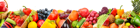 Collection fresh fruits and vegetables isolated on white background. Panoramic collage. Wide photo with free space for text.の写真素材