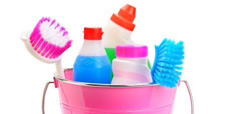 Set of household chemicals, bucket and brushes for cleaning isolated on white background. Wide photo.の写真素材