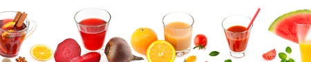 Vegetables and fruit juices isolated on white background. Wide photo with free space for text. Panoramic collage.の写真素材