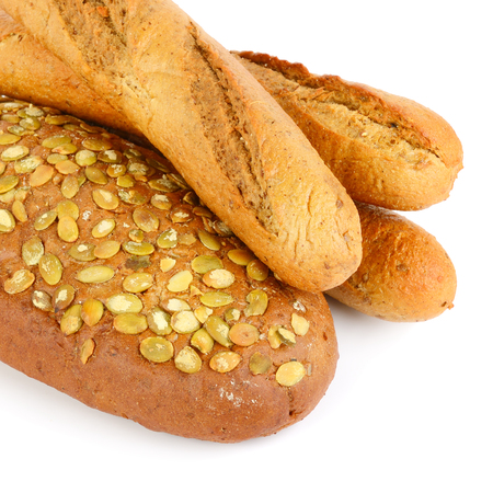 Various of french baguette and bread with pumpkin seeds. Isolated on white background Flat lay, top view.の写真素材