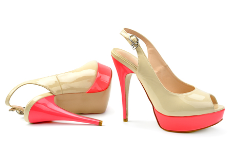 Elegant sandals isolated on white background. Free space for text.の写真素材
