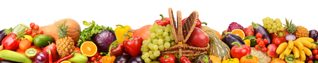 Collection fresh fruits and vegetables isolated on white background. Panoramic collage. Wide photo with free space for text.の写真素材