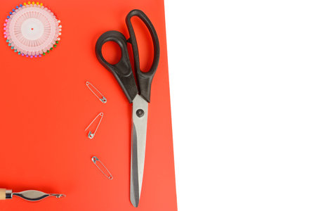 Tailoring scissors and pins on a red background. Flat lay, top view. Free space for text.