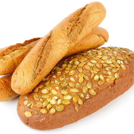 Various of french baguette and bread with pumpkin seeds. Isolated on white background Flat lay, top view.の写真素材