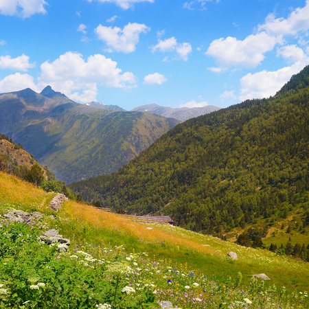 Picturesque mountain landscape,meadow, hiking trail and beautiful sky.の写真素材