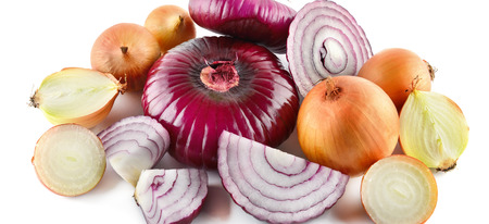 Red and gold onions isolated on white background. Collection. Wide photo. Healthy food.の写真素材