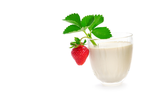 Appetizing strawberrie and milk smoothies isolated on white background. Free space for text.の写真素材