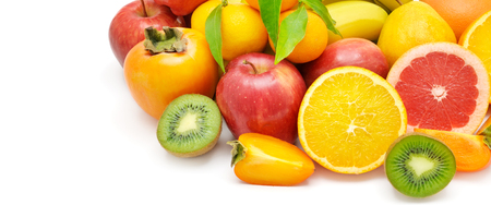 Set of fruits isolated on white background. Healthy food. Free space for text. Wide photo.の写真素材