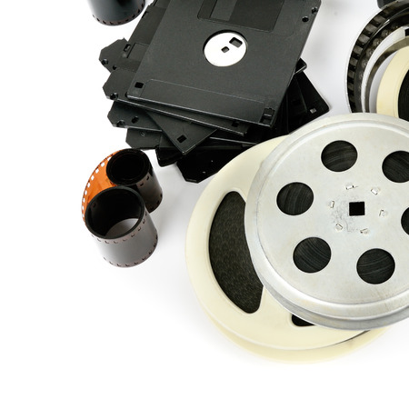 Old photo and video equipment isolated on white background. Retro storage media.の写真素材