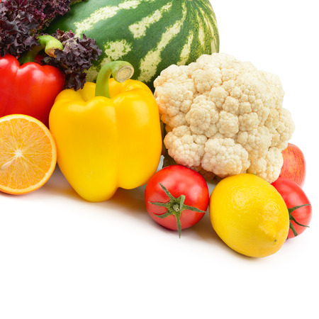 Fruits and vegetables isolated on white background. Organic food.の写真素材