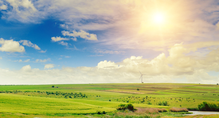 Hilly green field, windmill and sun on blue sky background. Agricultural landscape. Wide photo.の写真素材