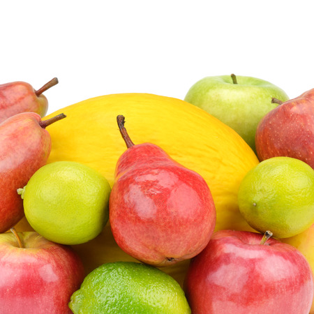Fruit and berries isolated on white background. Healthy food. Free space for text.の写真素材