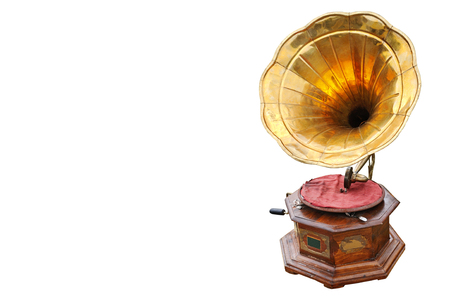 Retro old gramophone isolated on white background. Free space for text.の写真素材