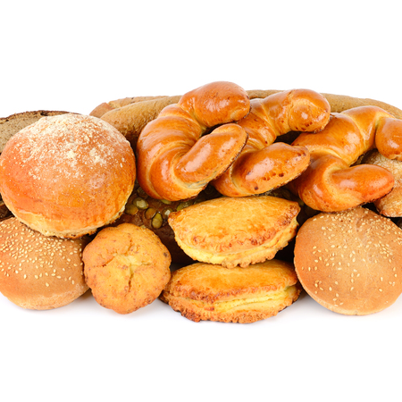Various of bread and bakery products isolated on white background Free space for text.の写真素材
