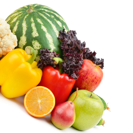 Fruits and vegetables isolated on white background. Organic food. Free space for text.の写真素材