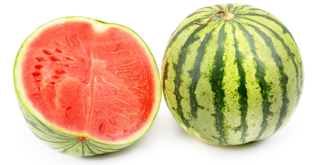 Ripe round watermelon and half a berry isolated on white background. Wide photo.の写真素材