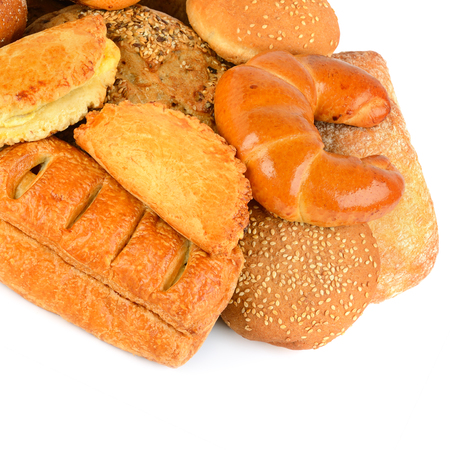 Bread and bakery products isolated on white background. Free space for text.の写真素材