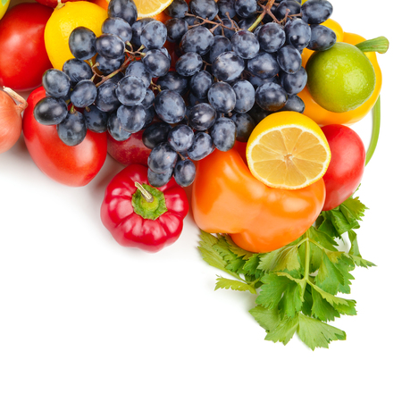 Fruits and vegetables isolated on a white background. Healthy food. Free space for text.の写真素材