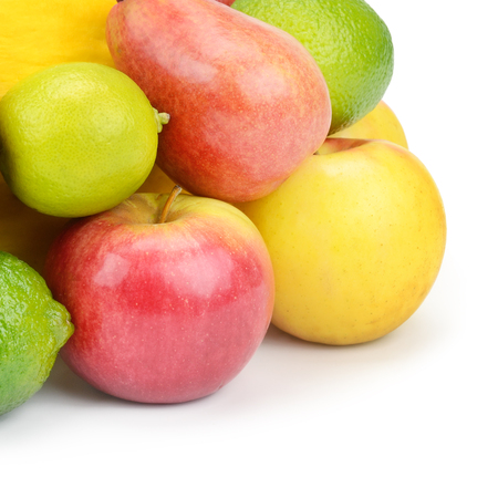 Fruit and berries isolated on white background. Healthy food. Free space for text.の写真素材