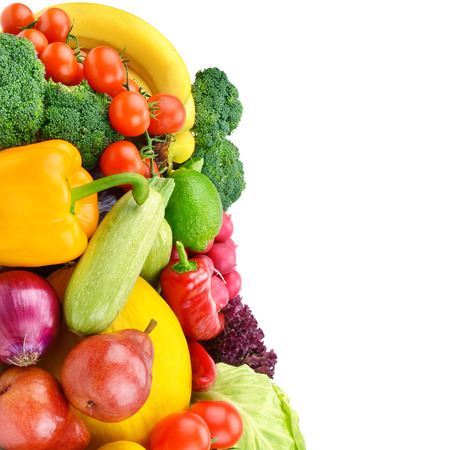 Fruits and vegetables isolated on a white background. Healthy food. Free space for textの写真素材