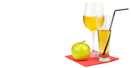 Fresh apple juice with fruits, isolated on white background. Free space for text. Wide photo.の写真素材